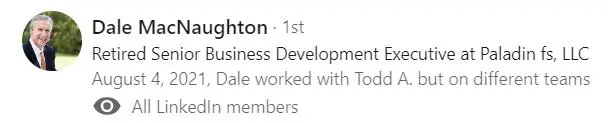 A person 's profile for the business development team.
