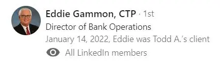 A linkedin profile for the bank of operation.