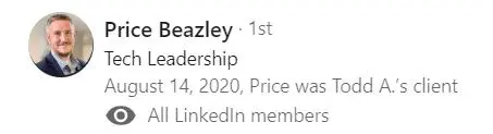 A linkedin profile with the name of an individual.
