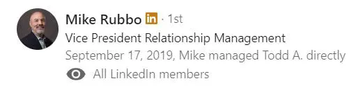 A linkedin post with the name of a person.