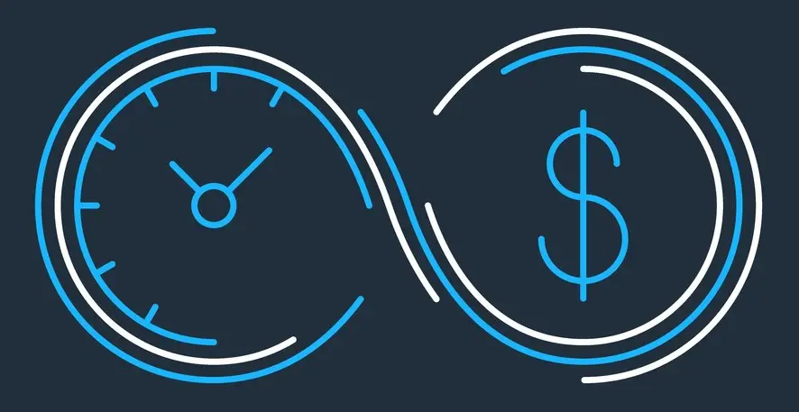 A clock and dollar sign with blue lines around them.